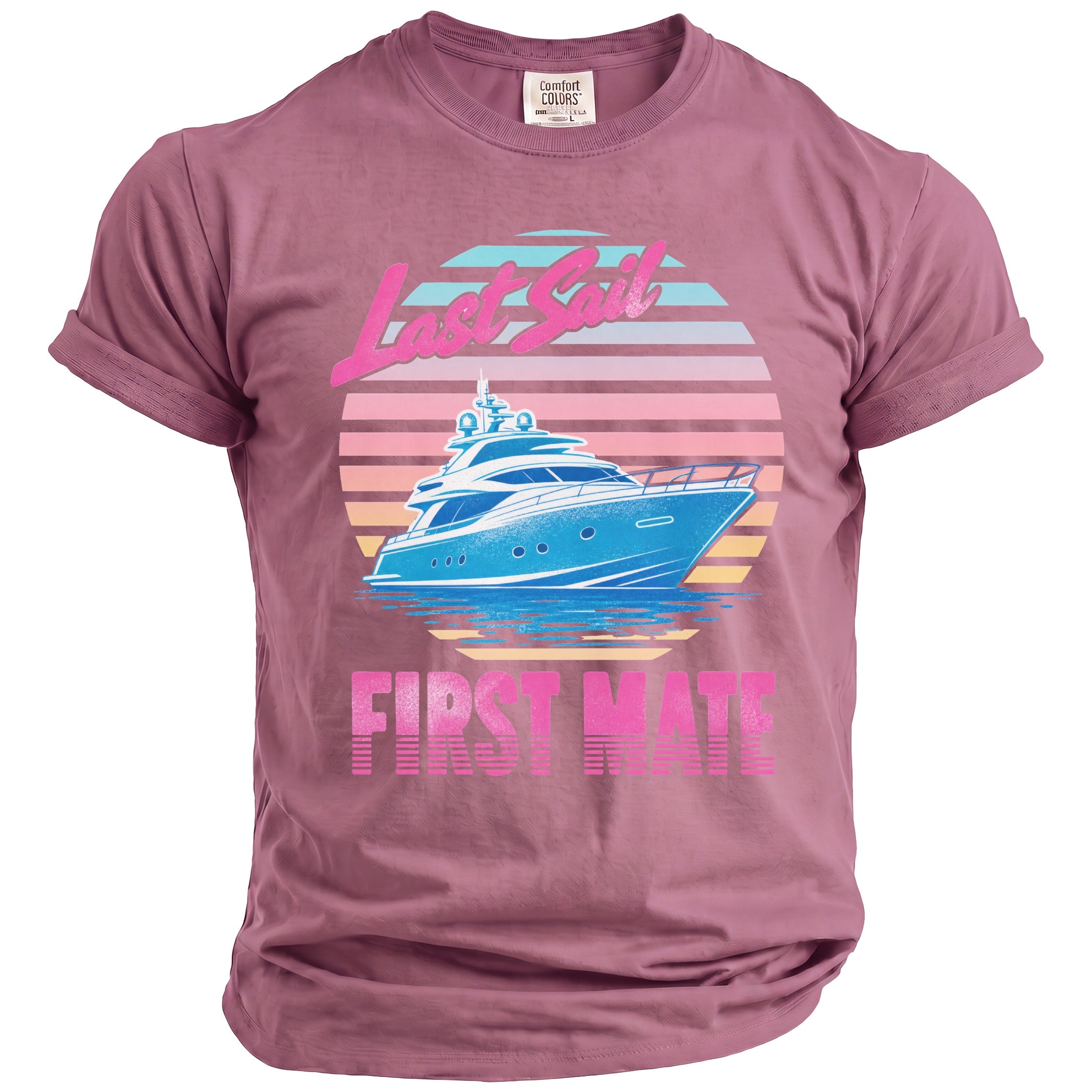 A mauve crewneck t-shirt featuring a retro sun and yacht graphic with the text Last Sail First Mate.