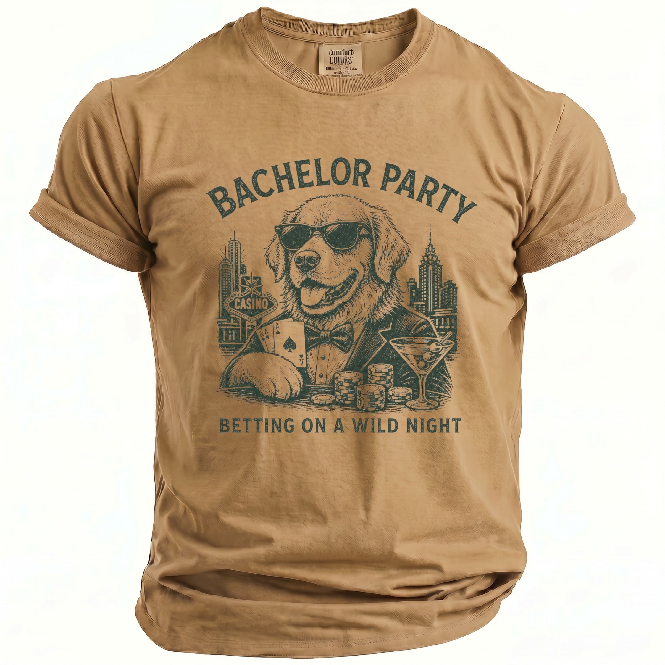 T-shirt with "Bachelor Party" text and a dog playing poker in a casino setting.