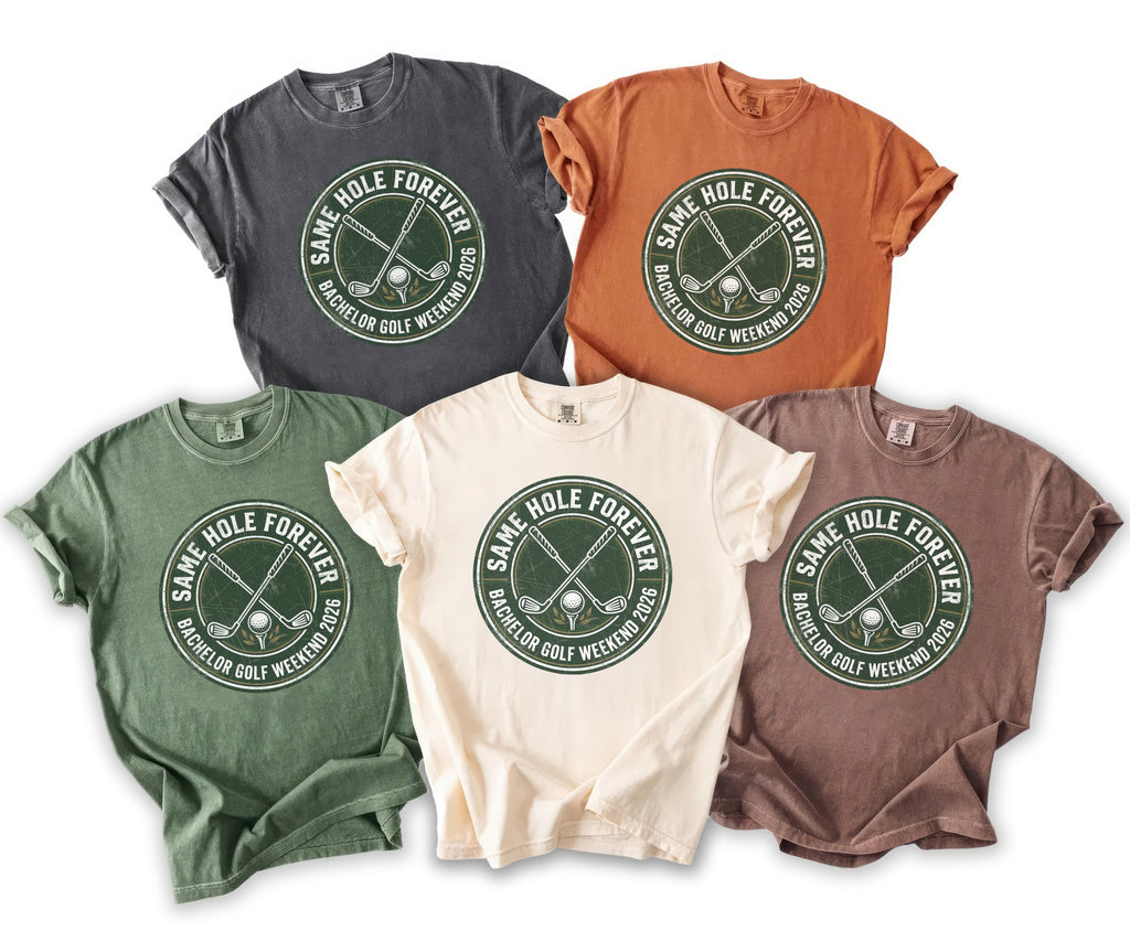 T-shirts in charcoal, terracotta, olive, cream, and brown, each with a golf graphic and text.