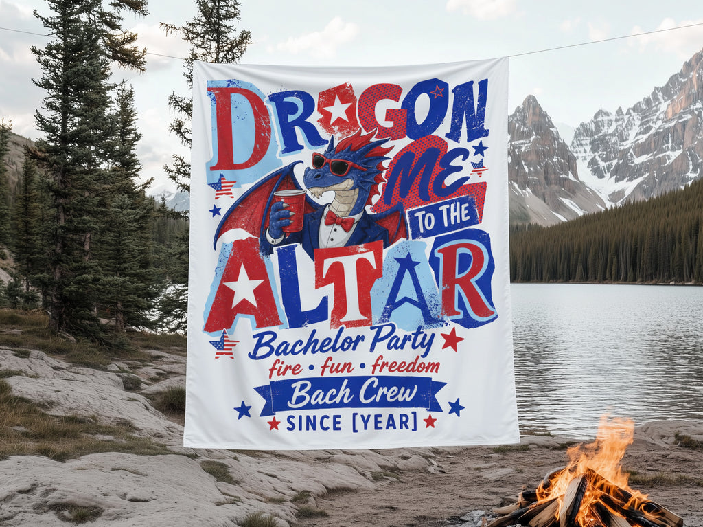 "Dragon Me To The Altar" bachelor party banner with a dragon character and text, outdoors near a lake.