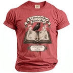 Red t-shirt with raven on open book, 'Til Death Our Most Faithful Spell.