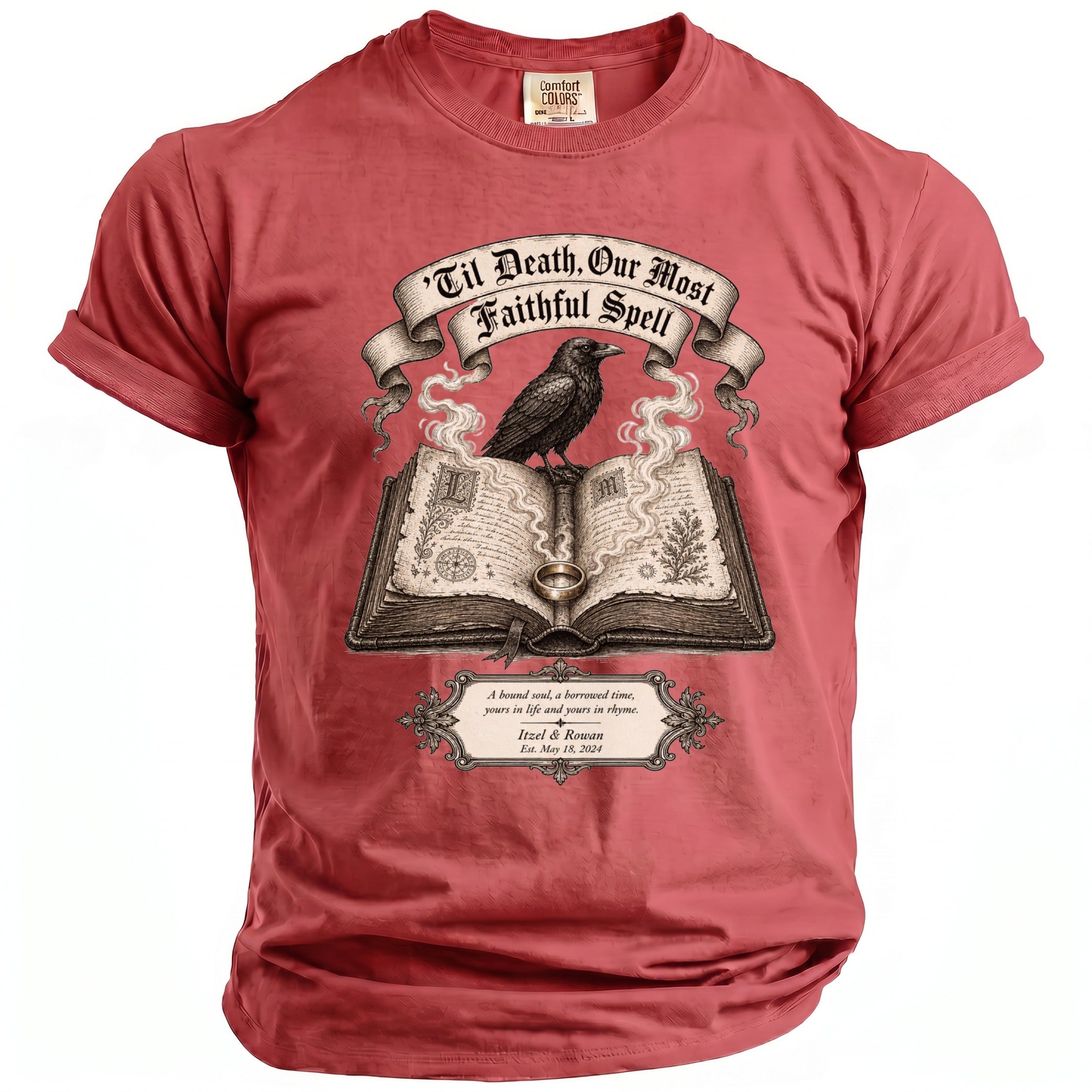 Red t-shirt with raven on open book, 'Til Death Our Most Faithful Spell.