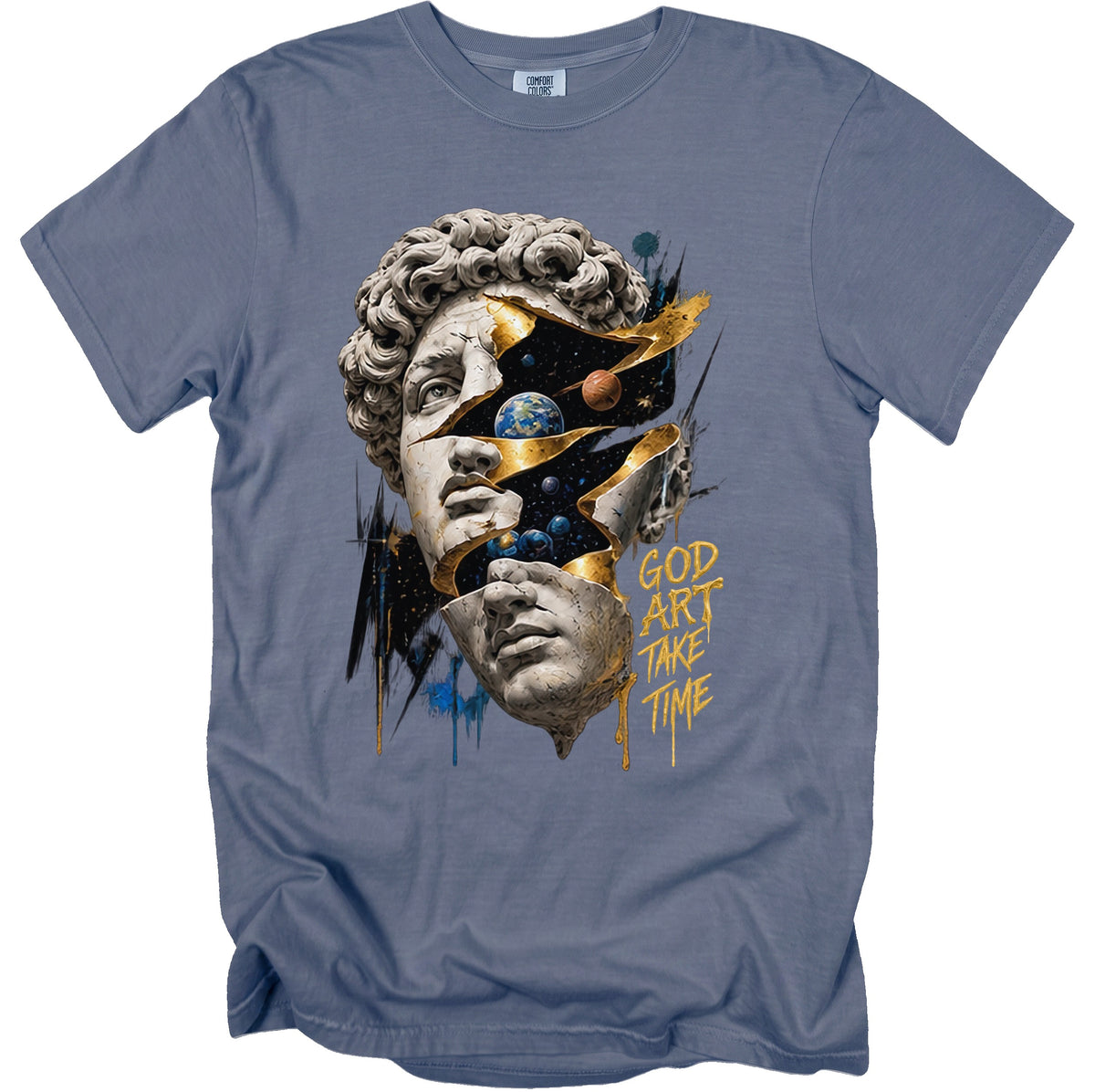 T-shirt with cracked marble head revealing space and text "God Art Take Time".