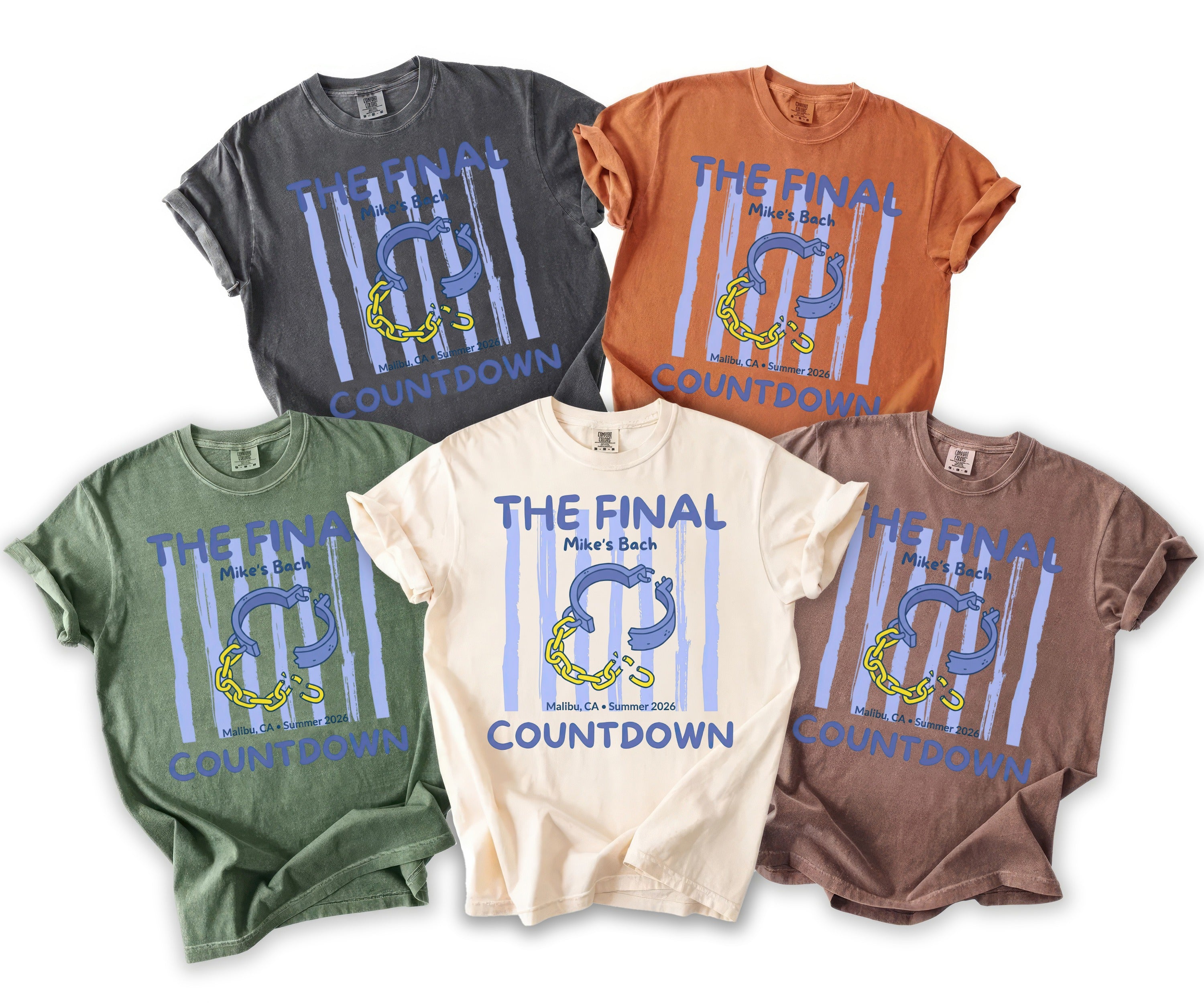 T-shirts with "The Final Countdown" graphic, featuring broken chains.