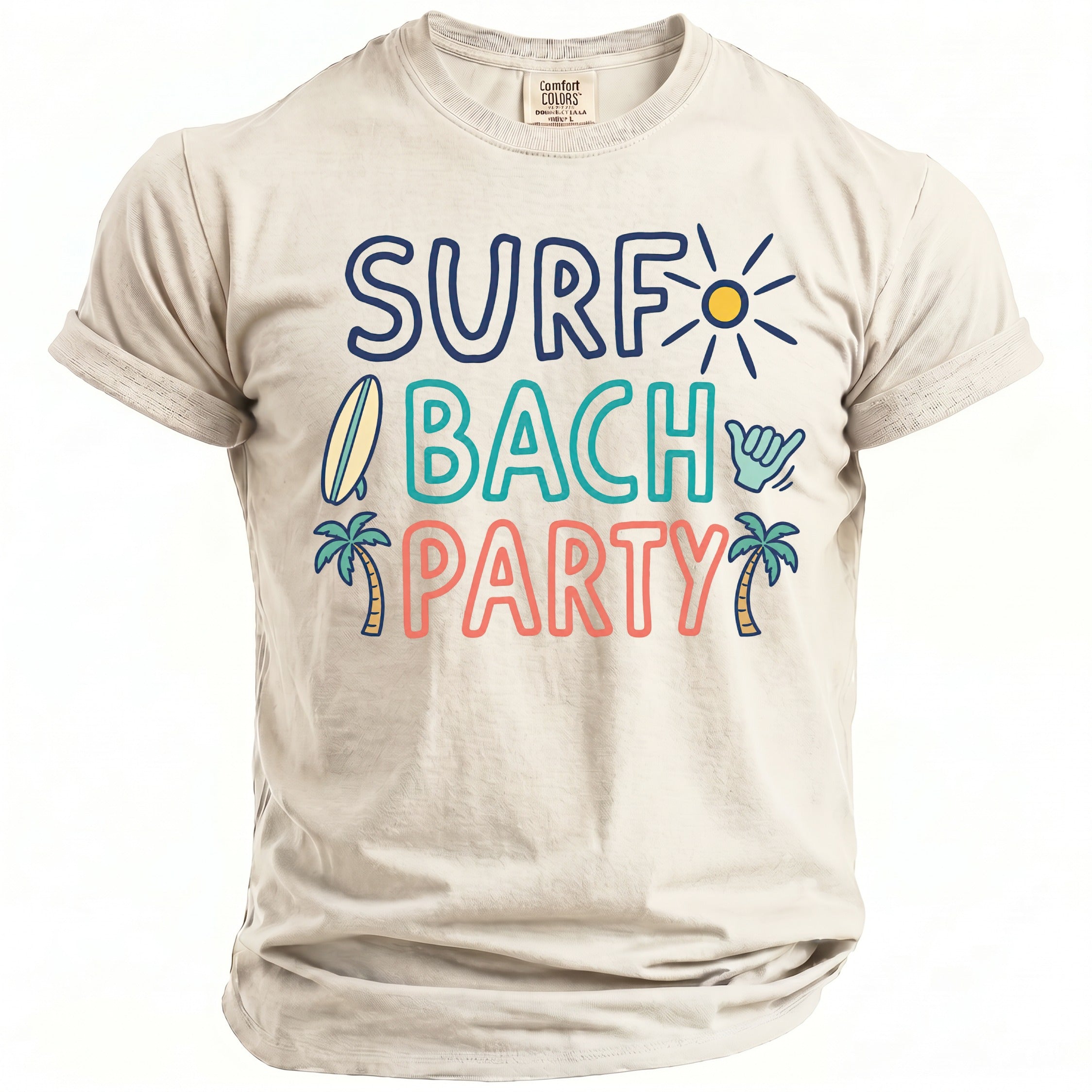 Light beige Comfort Colors t-shirt with "SURF BACH PARTY" graphic and beach icons.