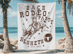 Banner with bull rider and text "Bach Rodeo Party," "Kenneth," "Miami, FL," and "Est. 2026."