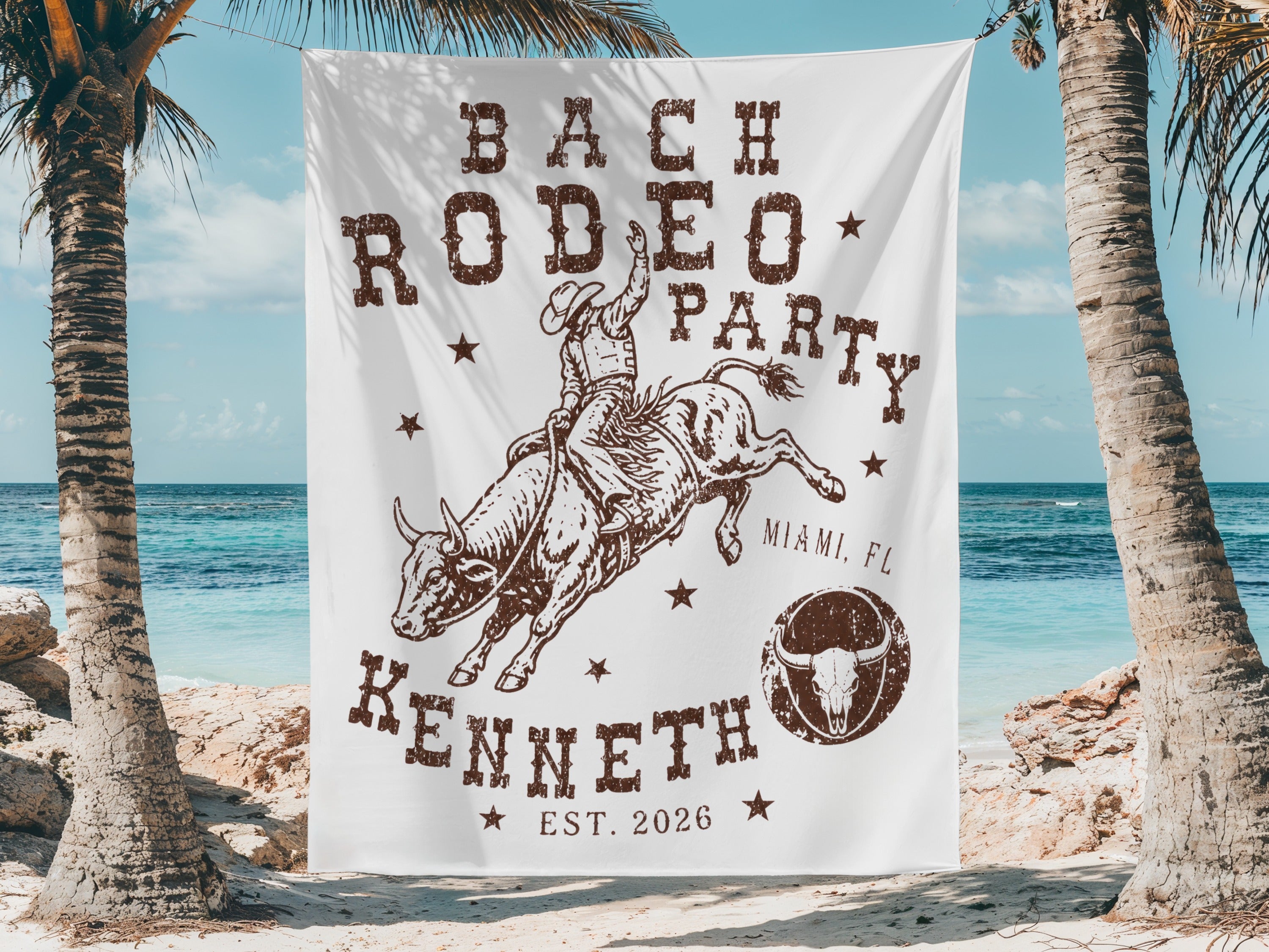 Banner with bull rider and text "Bach Rodeo Party," "Kenneth," "Miami, FL," and "Est. 2026."