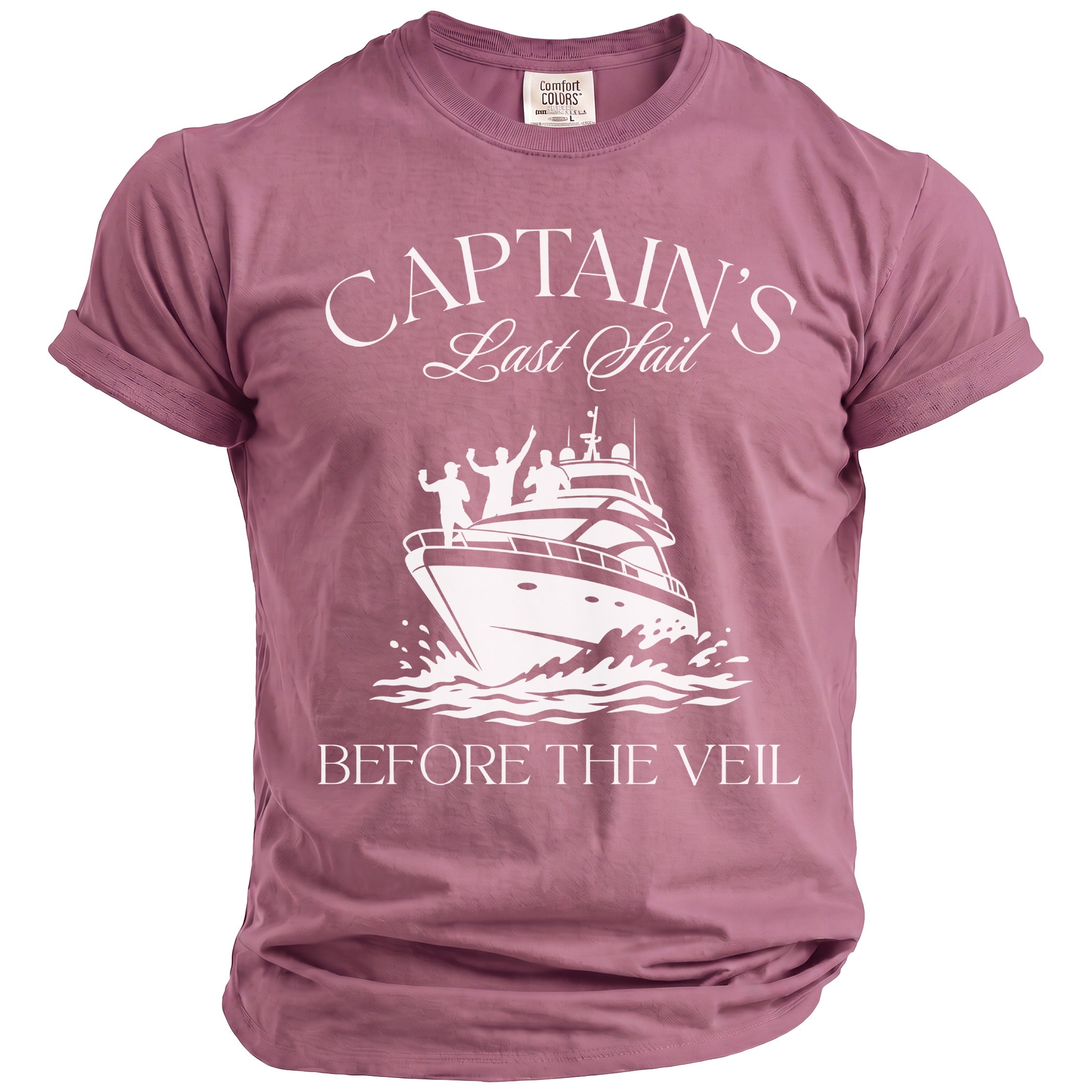 Rose t-shirt with "Captain's Last Sail Before The Veil" text and boat graphic.