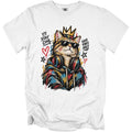 White t-shirt with graffiti art of a cat wearing sunglasses and headphones, with text.