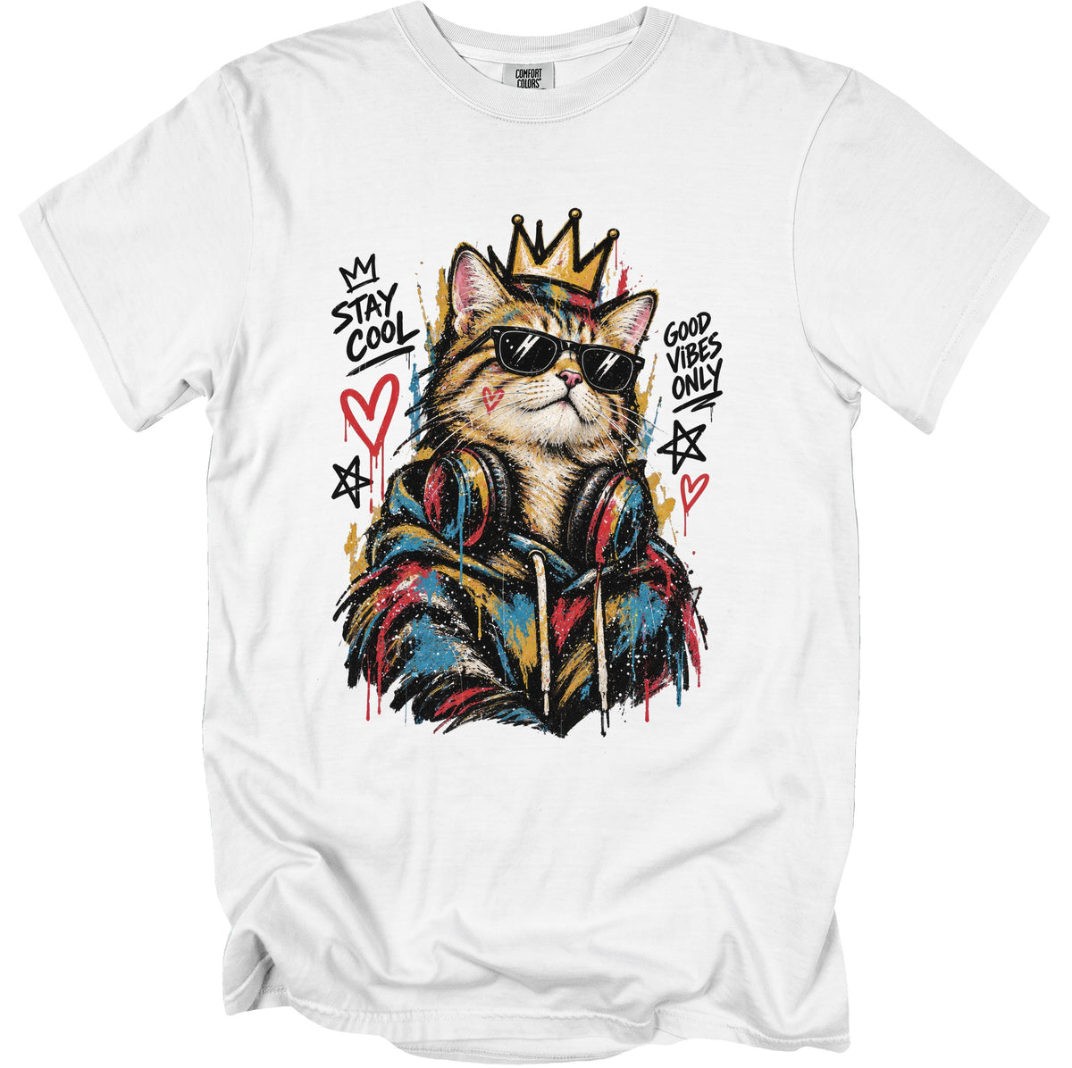 White t-shirt with graffiti art of a cat wearing sunglasses and headphones, with text.
