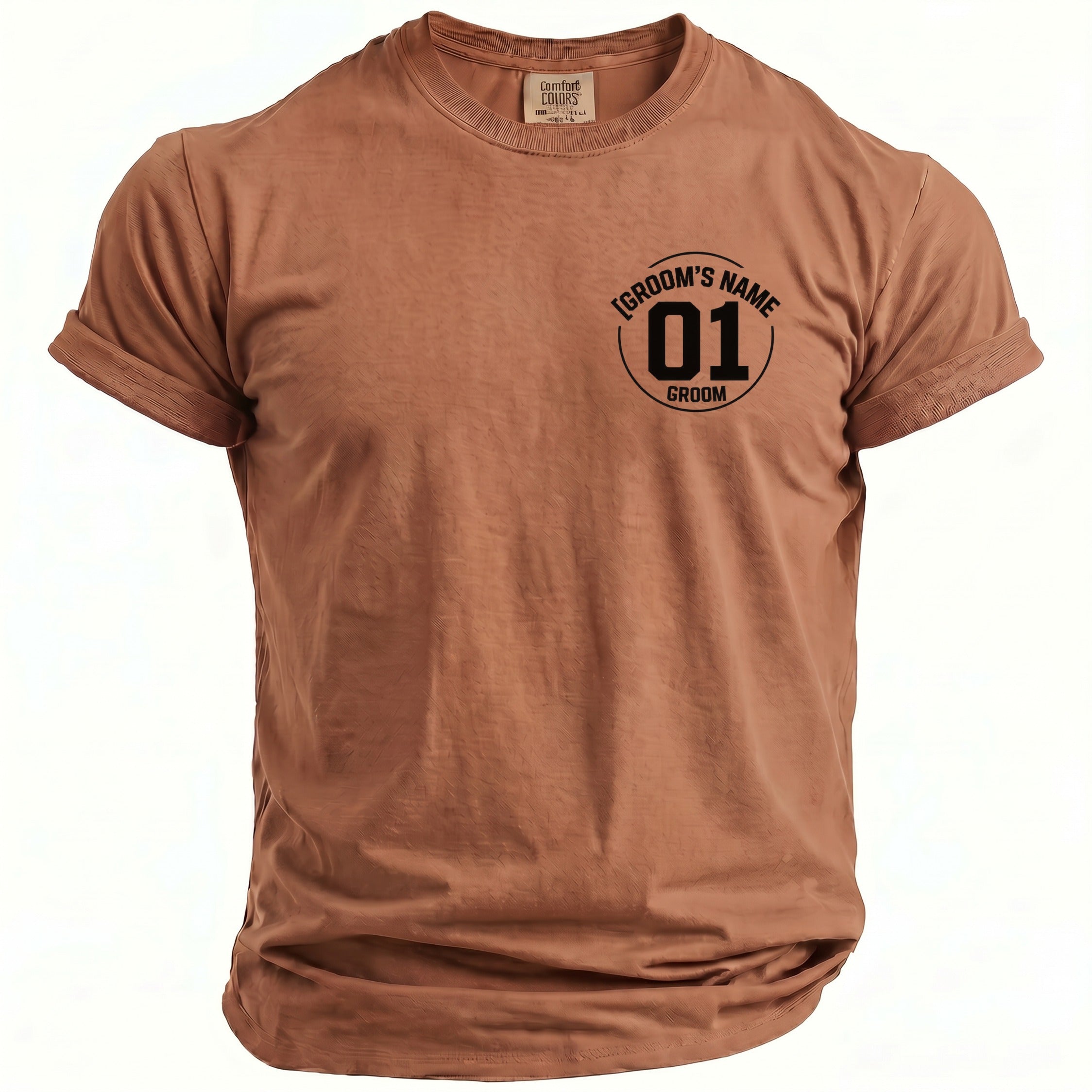 Brown t-shirt with "Groom's Name 01 Groom" graphic on chest.