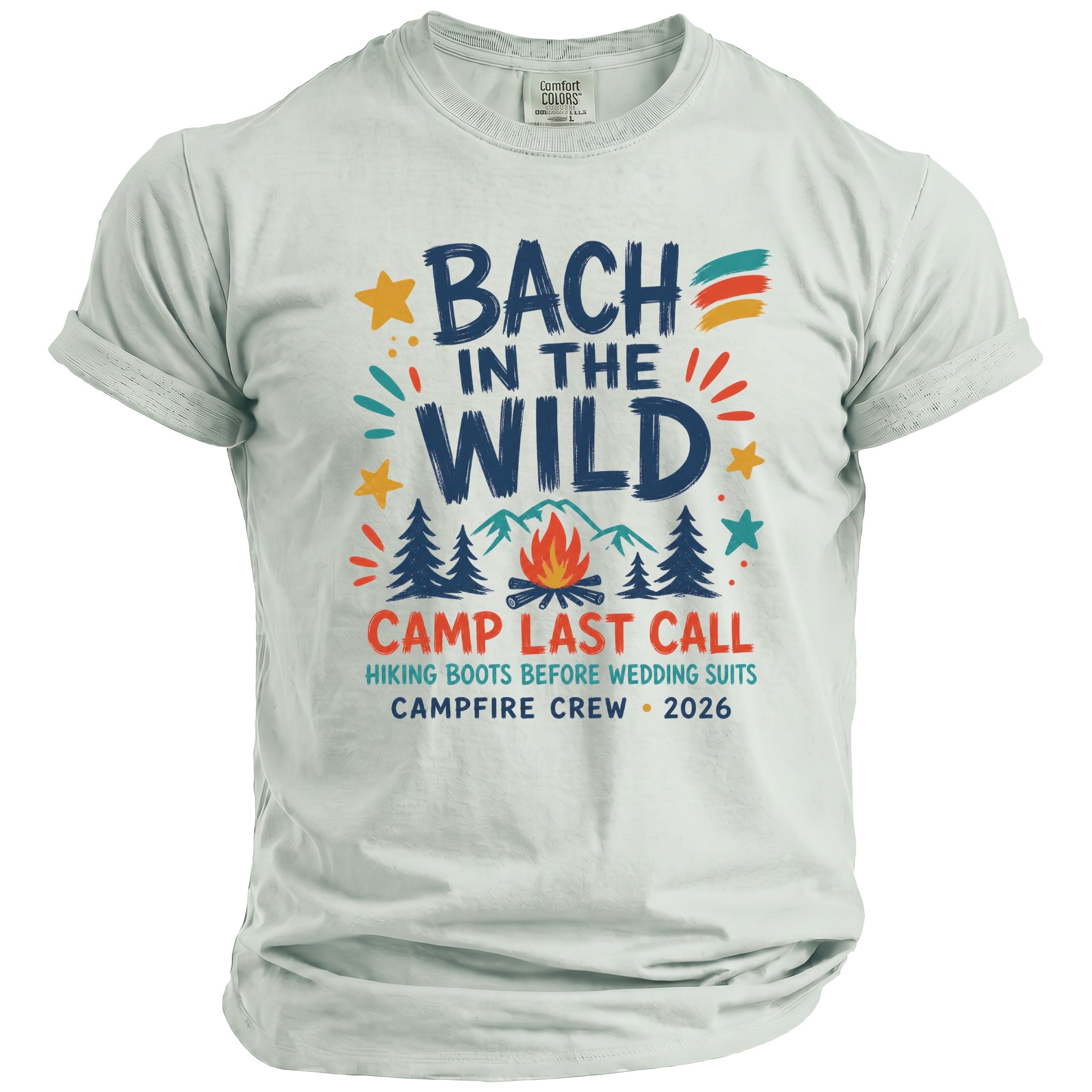 Light grey t-shirt with "BACH IN THE WILD" and camping graphics.