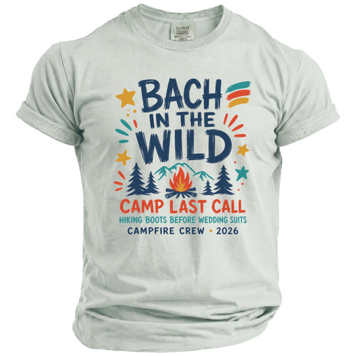 Light grey t-shirt with "BACH IN THE WILD" and camping graphics.