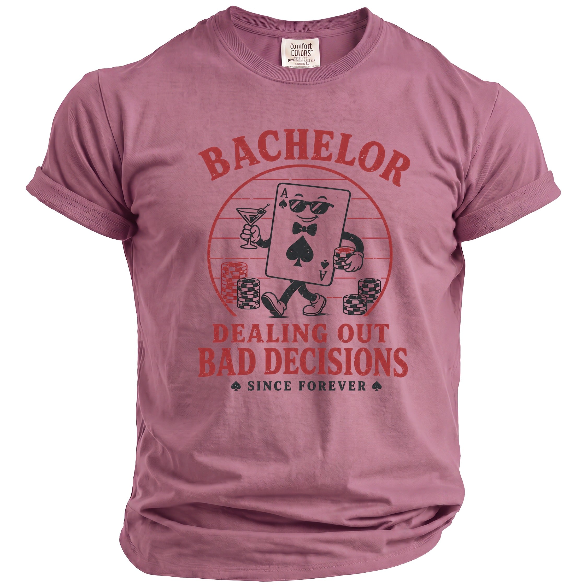 Mauve t-shirt with graphic of a walking ace of spades playing card holding drinks and chips.