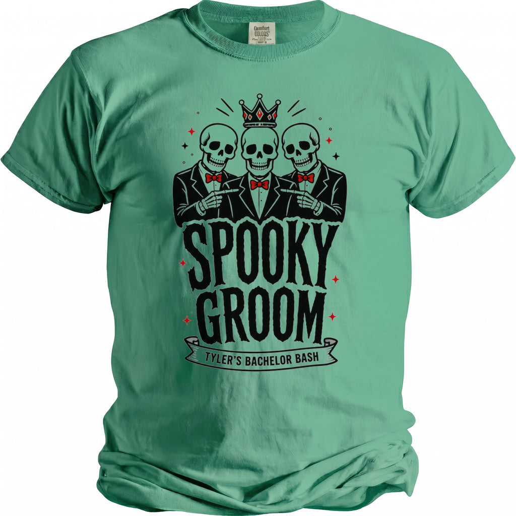 Three skeletons in suits and bowties with a crown above, text "Spooky Groom Tyler's Bachelor Bash".