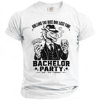 Dragon in suit holding poker cards and drink, "Bachelor Party" text.