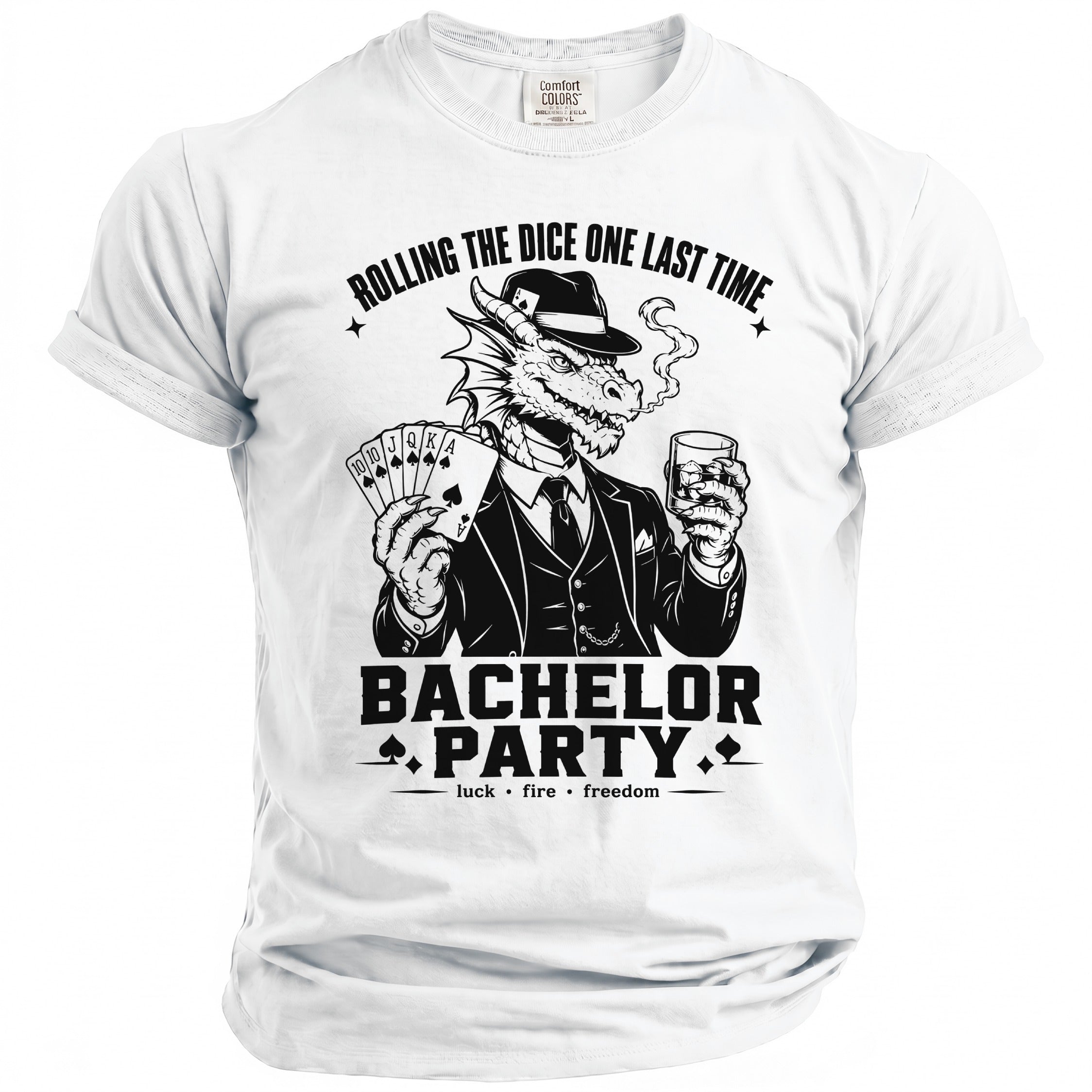 Dragon in suit holding poker cards and drink, "Bachelor Party" text.