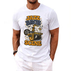 White t-shirt with "Jazz Bach Scene" graphic featuring a saxophone, martini, and "New Orleans."