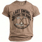 T-shirt with "Last Swing Before the Ring Bachelor Weekend 2026" text and golf graphic.