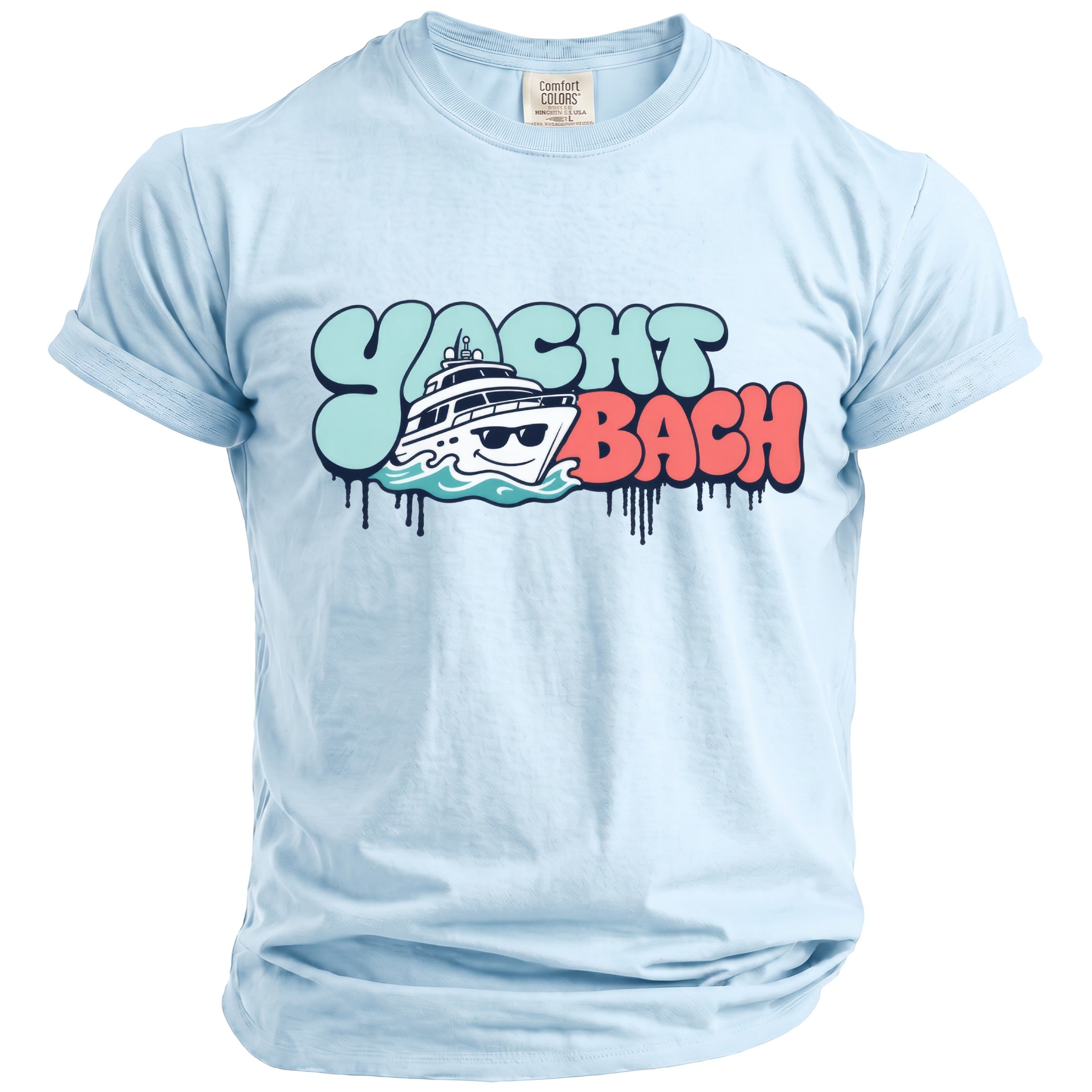 Light blue t-shirt with "Yacht Bach" graphic featuring a boat and dripping design.