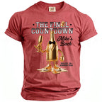 Gold champagne bottle graphic on a red t-shirt, "The Final Countdown Mike's Bach", Malibu, CA Summer 2026.