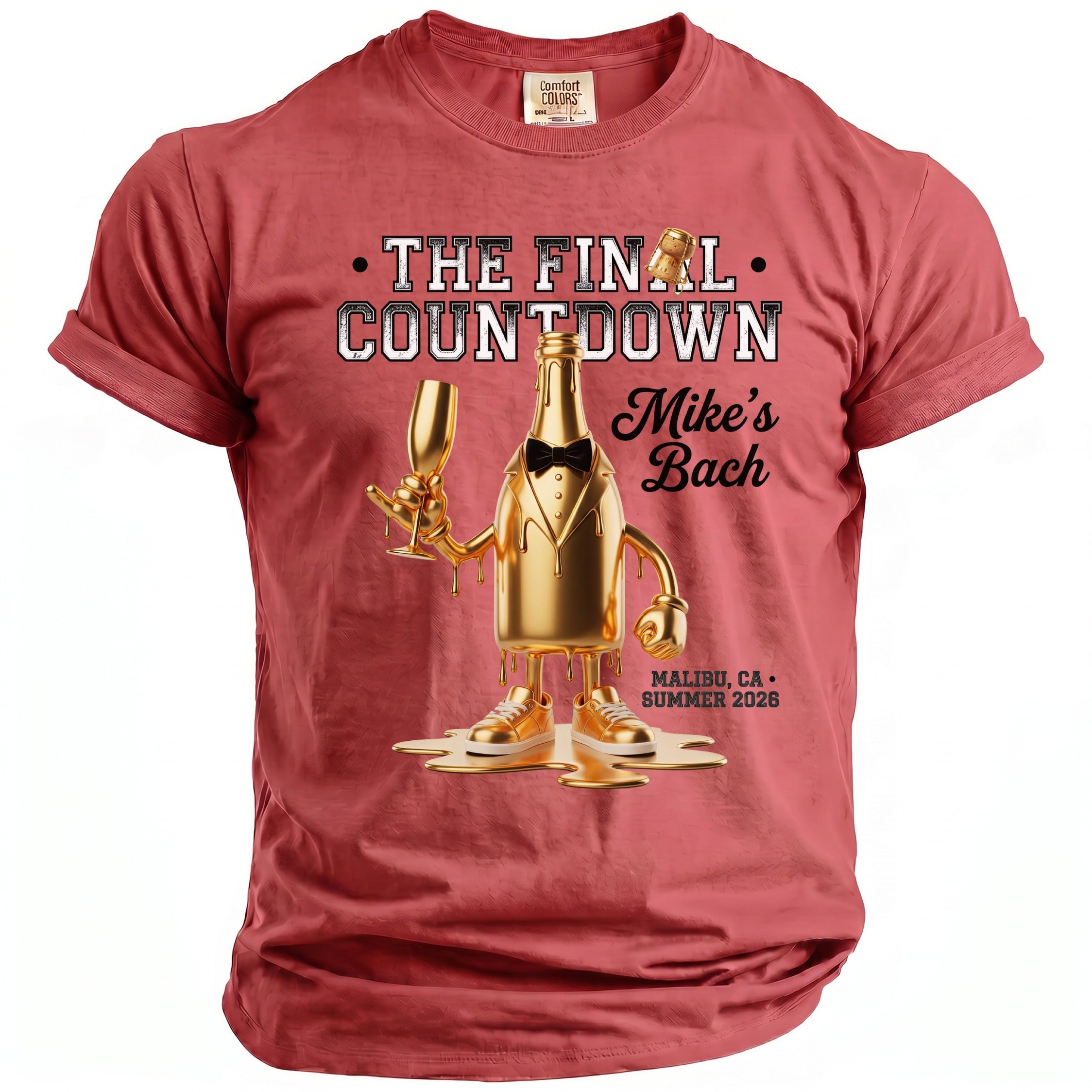 Gold champagne bottle graphic on a red t-shirt, "The Final Countdown Mike's Bach", Malibu, CA Summer 2026.