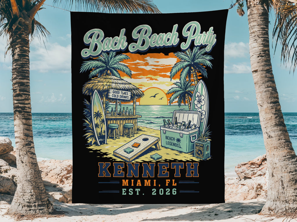 Beach party scene with palm trees, bar, cooler, and text "Kenneth Miami, FL Est. 2026".