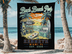 Beach party scene with palm trees, bar, cooler, and text "Kenneth Miami, FL Est. 2026".