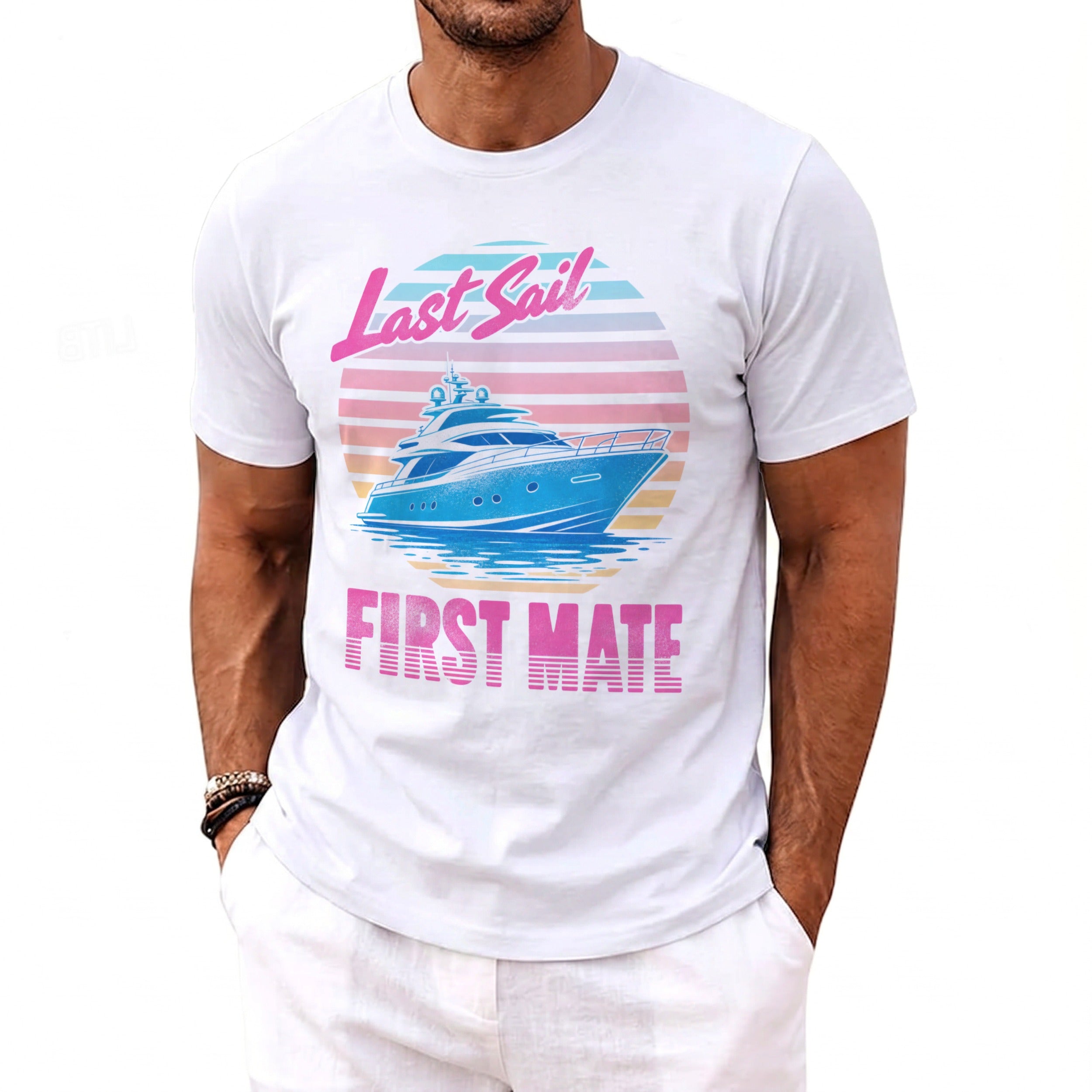 A white crewneck t-shirt featuring a retro graphic of a yacht and the text Last Sail First Mate.