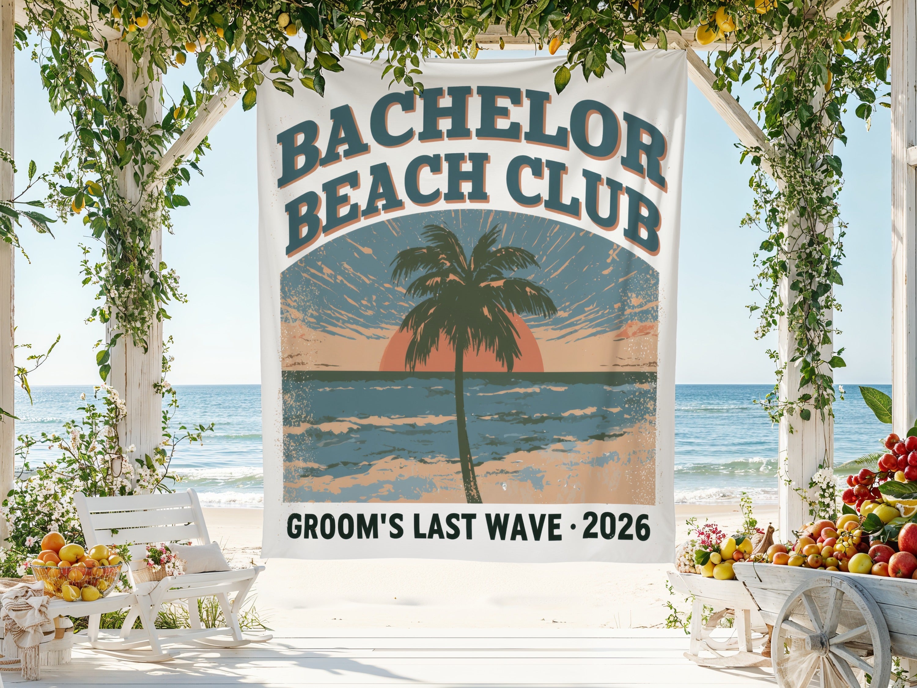 Bachelor Beach Club banner with palm tree and text Groom's Last Wave 2026.