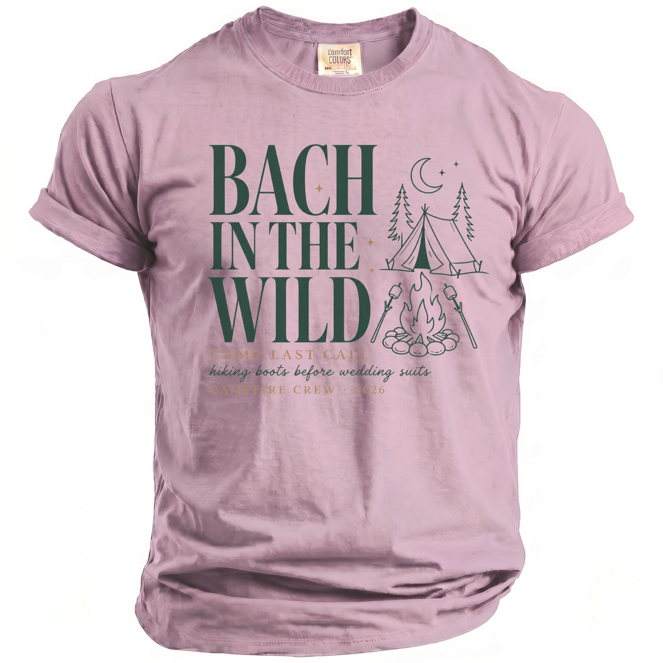 Pink t-shirt with "Bach in the Wild" graphic, tent, campfire, and text.