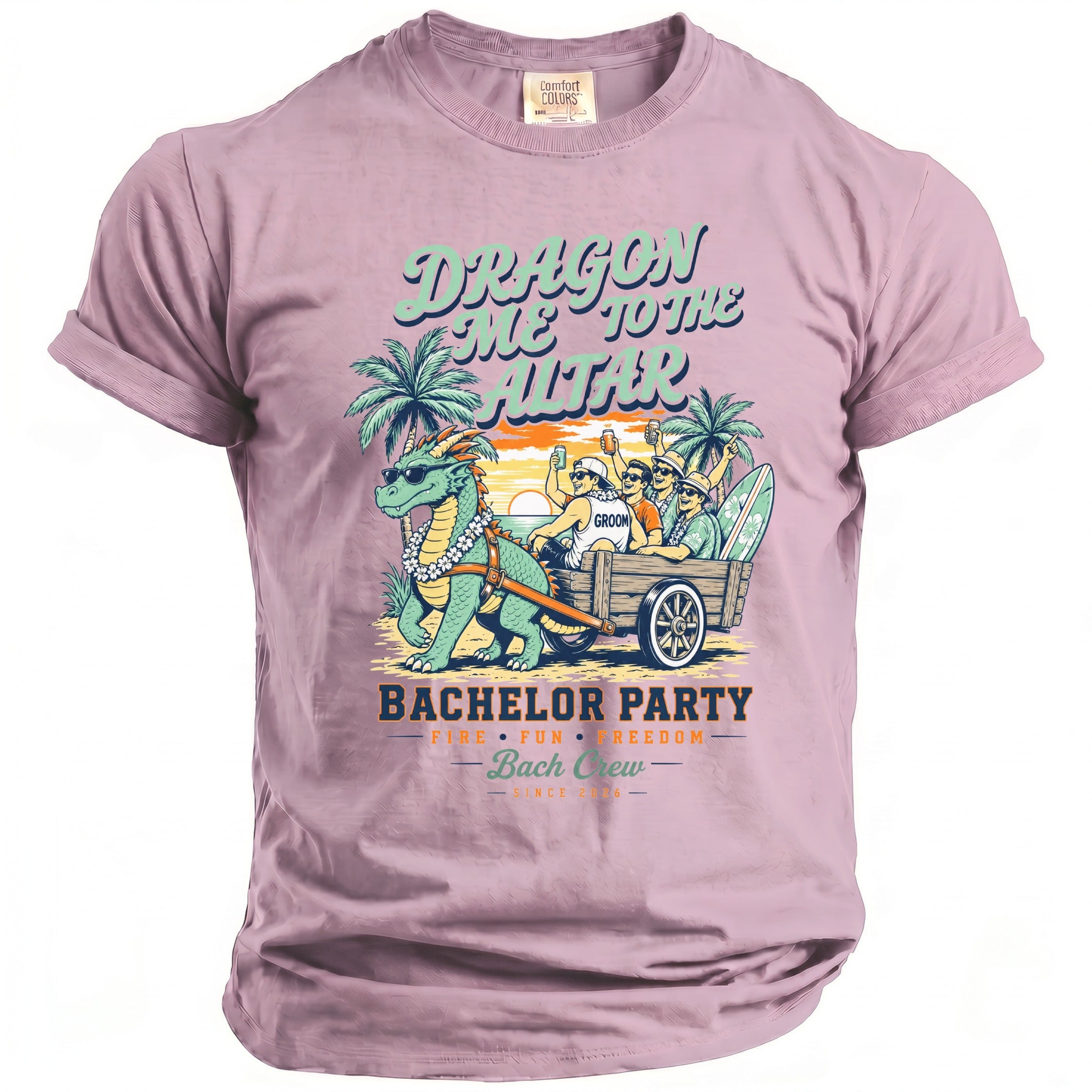 Dragon pulling cart with groomsmen, text: Bachelor Party, Bach Crew, Fire Fun Freedom.