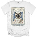 White t-shirt with a portrait of a Siamese cat in ornate historical attire, labeled "William Morris".