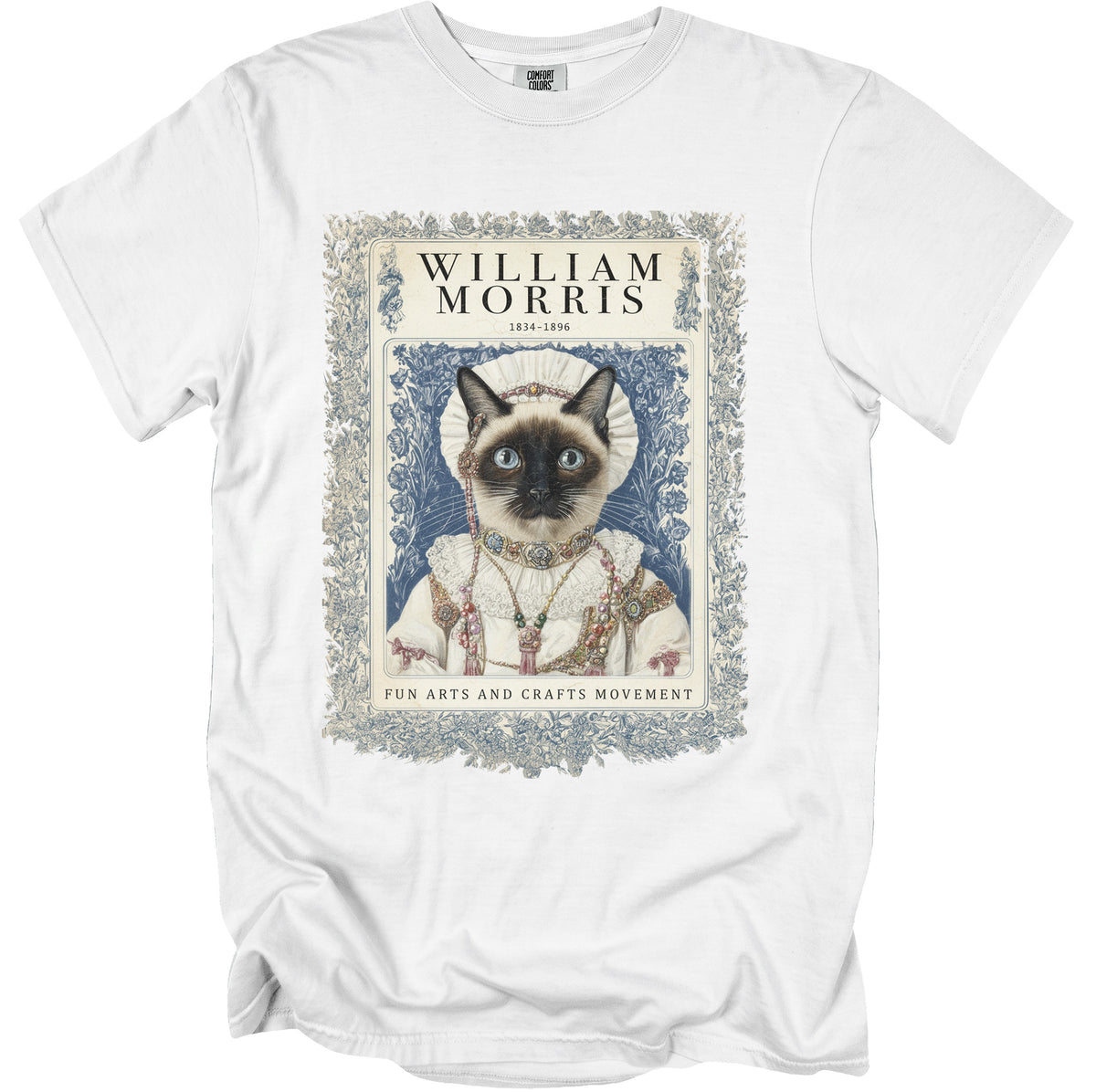 White t-shirt with a portrait of a Siamese cat in ornate historical attire, labeled "William Morris".