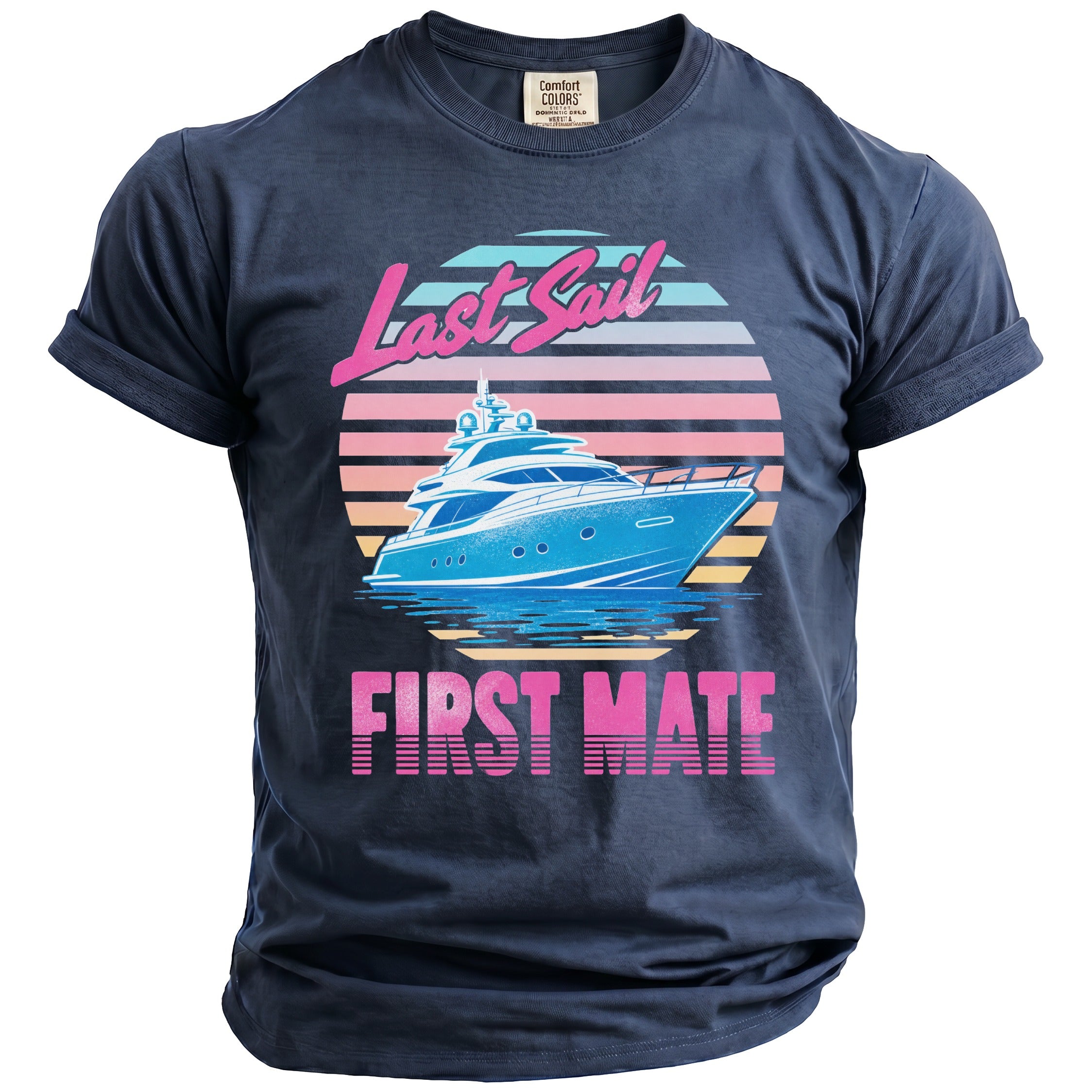 Dark blue crewneck t-shirt featuring a retro yacht graphic, pink text reading Last Sail, and First Mate.