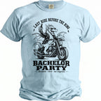 Dragon on motorcycle graphic with "Last Ride Before The Ring" and "Bachelor Party" text.