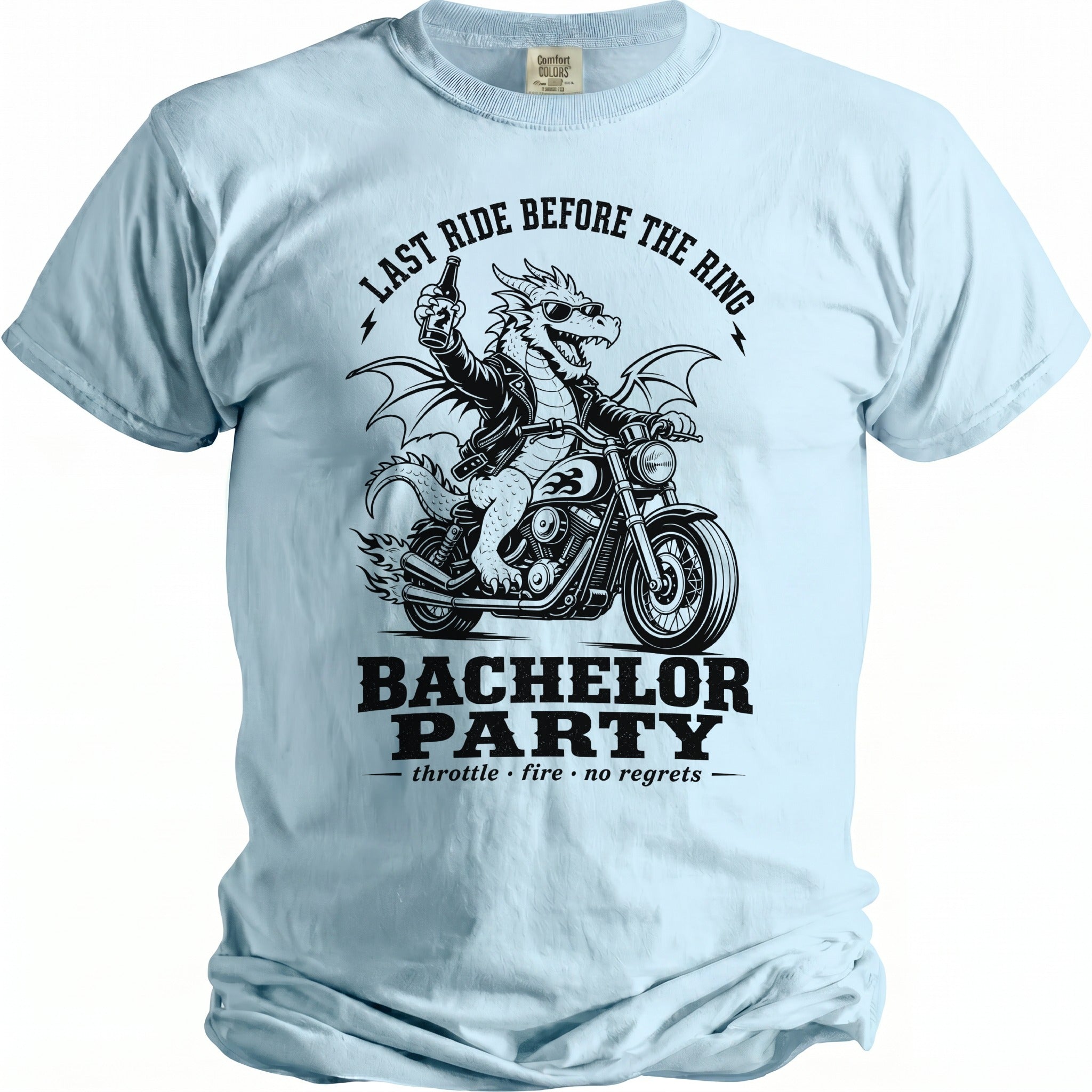 Dragon on motorcycle graphic with "Last Ride Before The Ring" and "Bachelor Party" text.