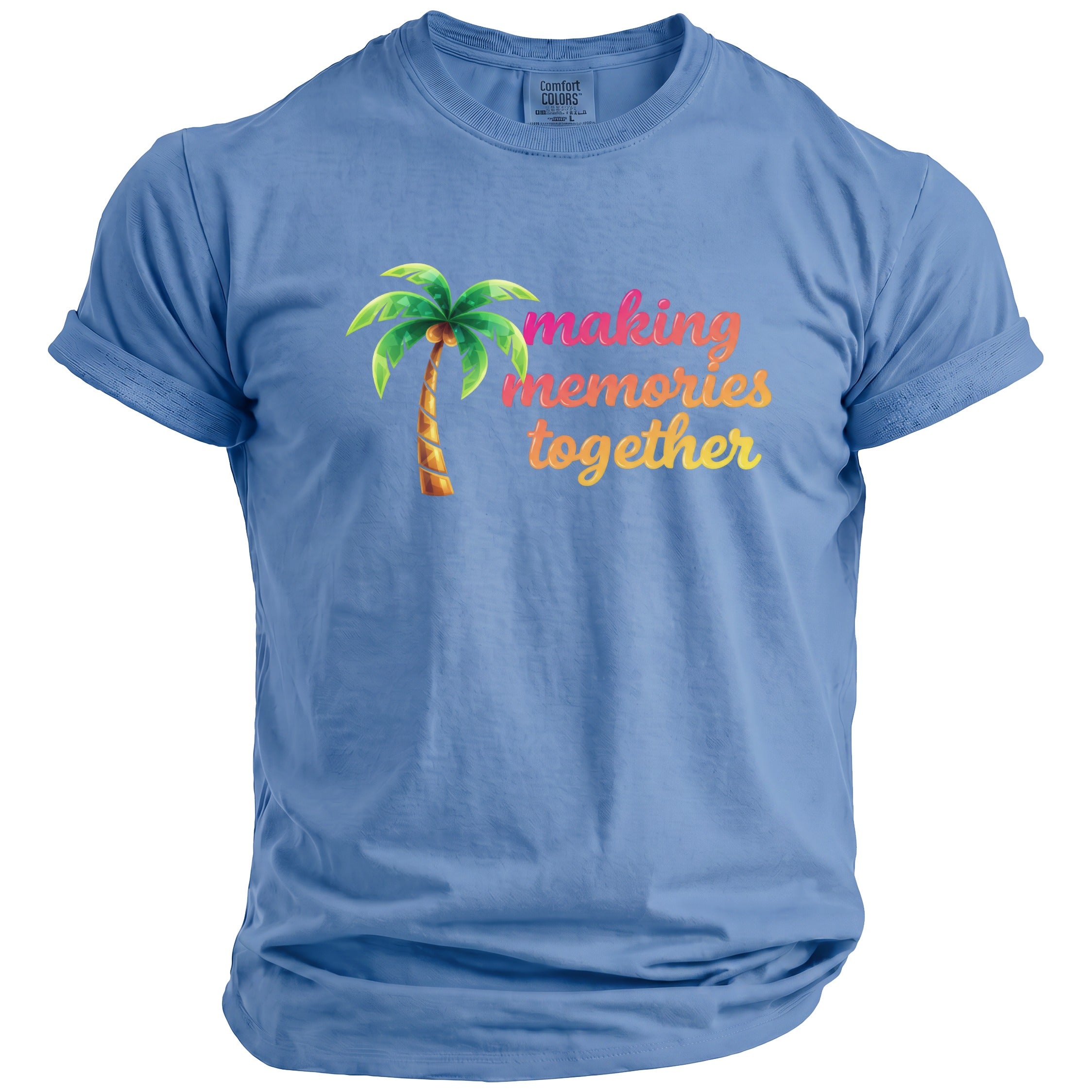 Blue t-shirt with palm tree graphic and text "making memories together."
