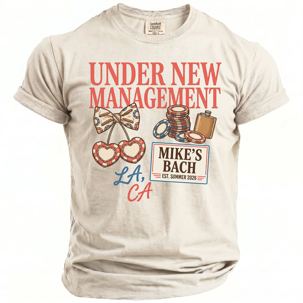T-shirt with "Under New Management" text, poker chips, flask, and "Mike's Bach" graphic.