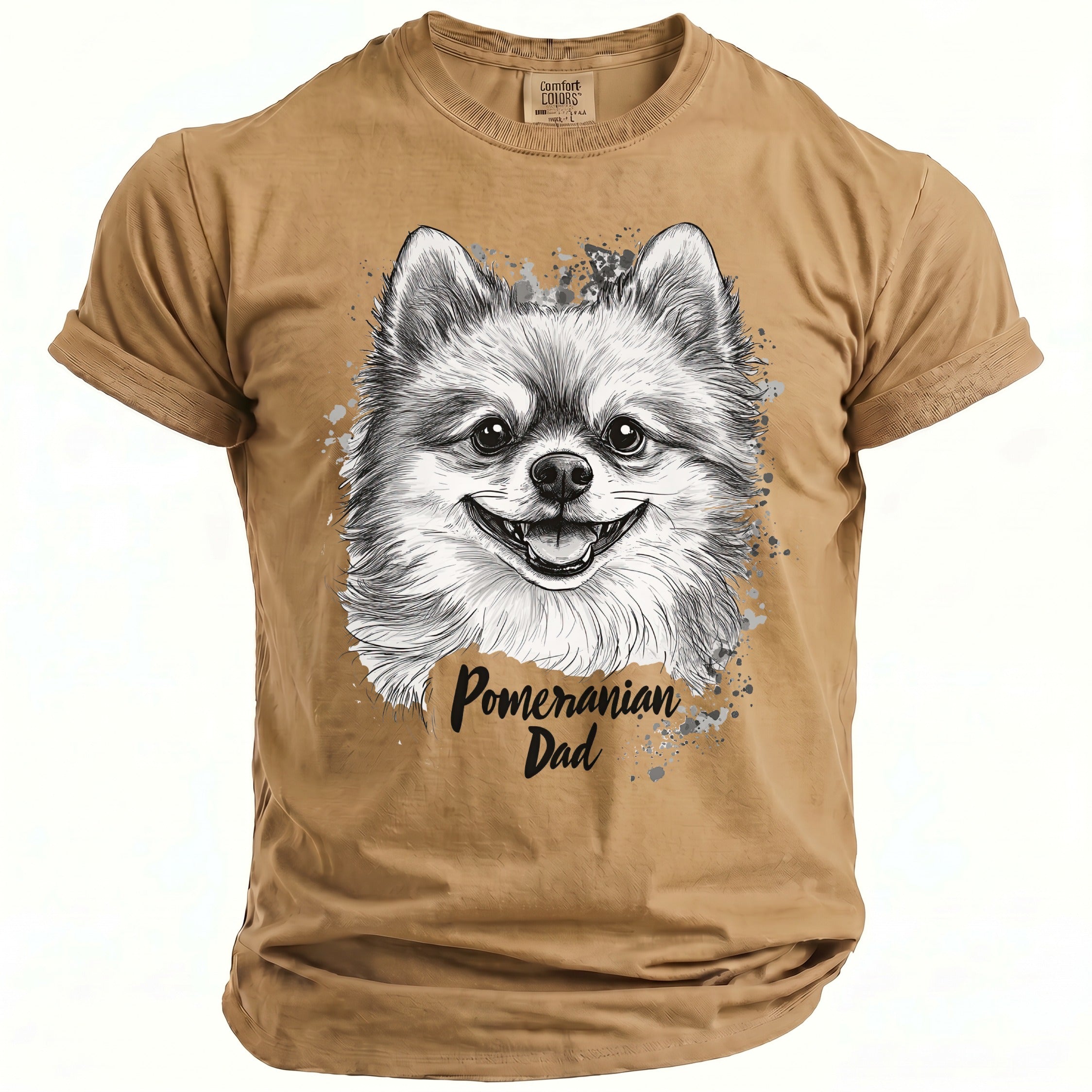 Tan t-shirt with a black and white sketch of a smiling Pomeranian and "Pomeranian Dad" text.