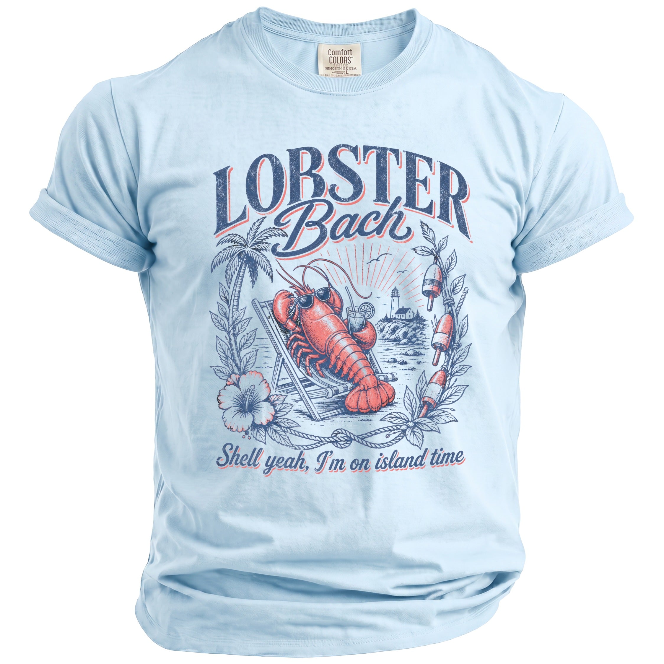 Light blue t-shirt with graphic of lobster in beach chair and text "Lobster Bach".