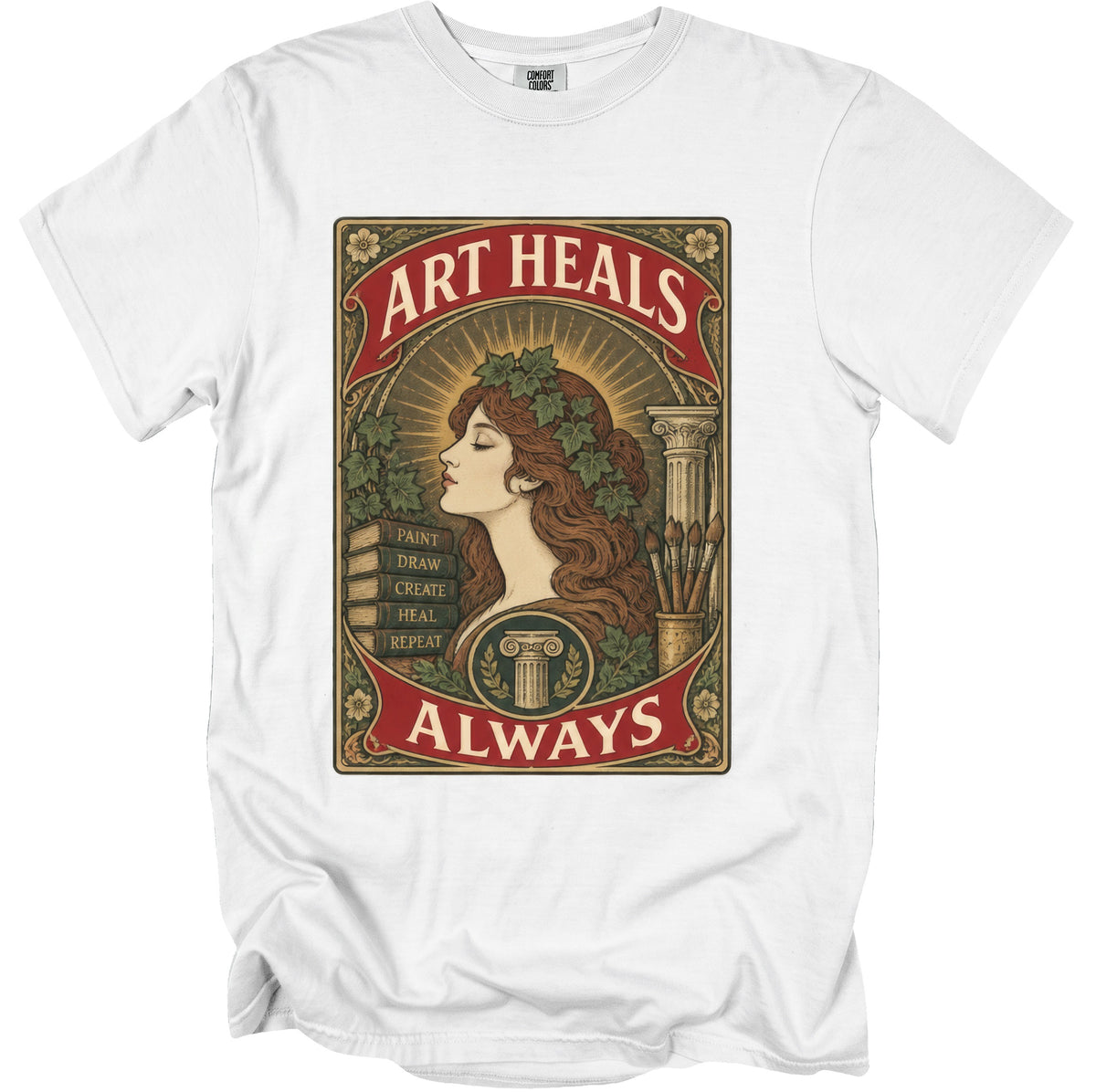 White t-shirt with "ART HEALS ALWAYS" and an artistic depiction of a woman.