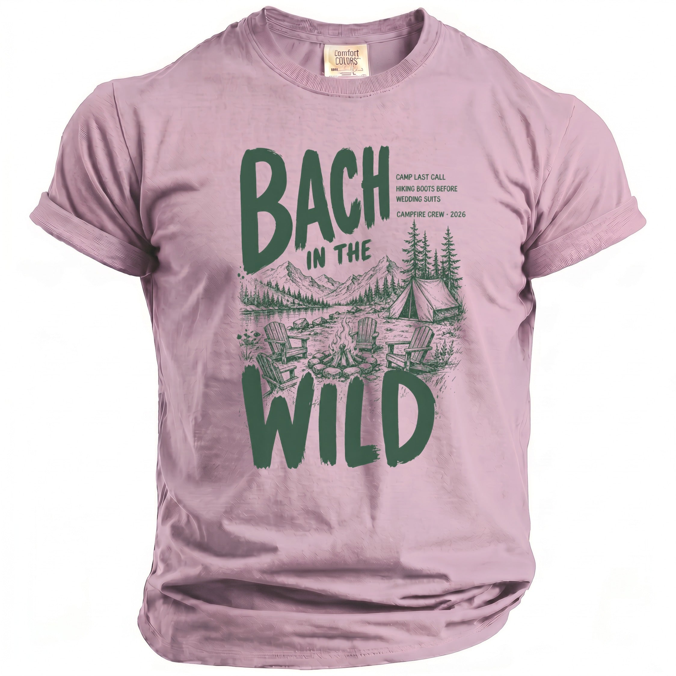 Bach in the Wild camping graphic on a pink Comfort Colors t-shirt.