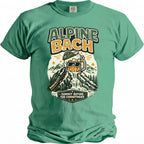 Green t-shirt with "Alpine Bach" text, beer mug waterfall, mountains, and "Summit Before the Commitment" quote.