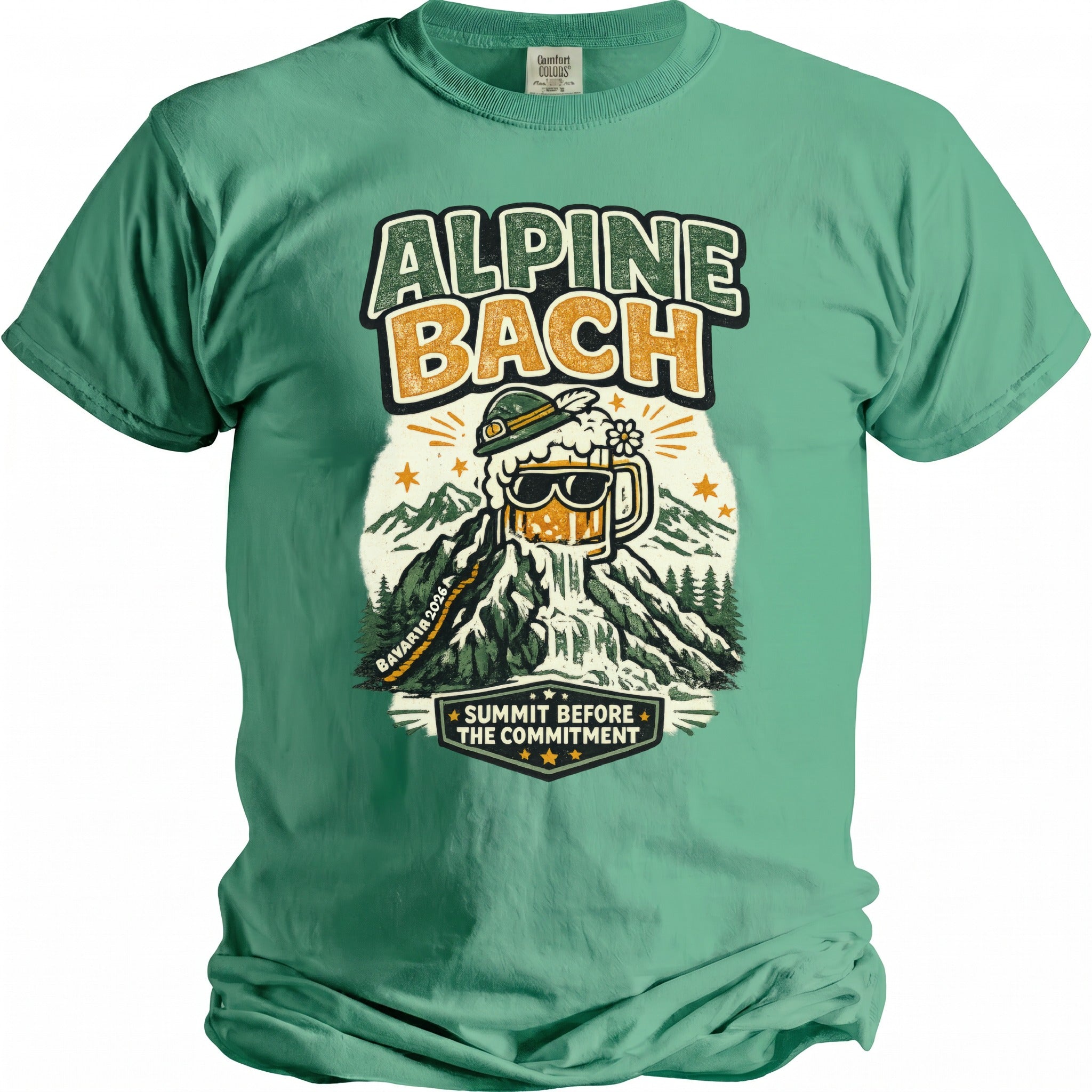 Green t-shirt with "Alpine Bach" text, beer mug waterfall, mountains, and "Summit Before the Commitment" quote.