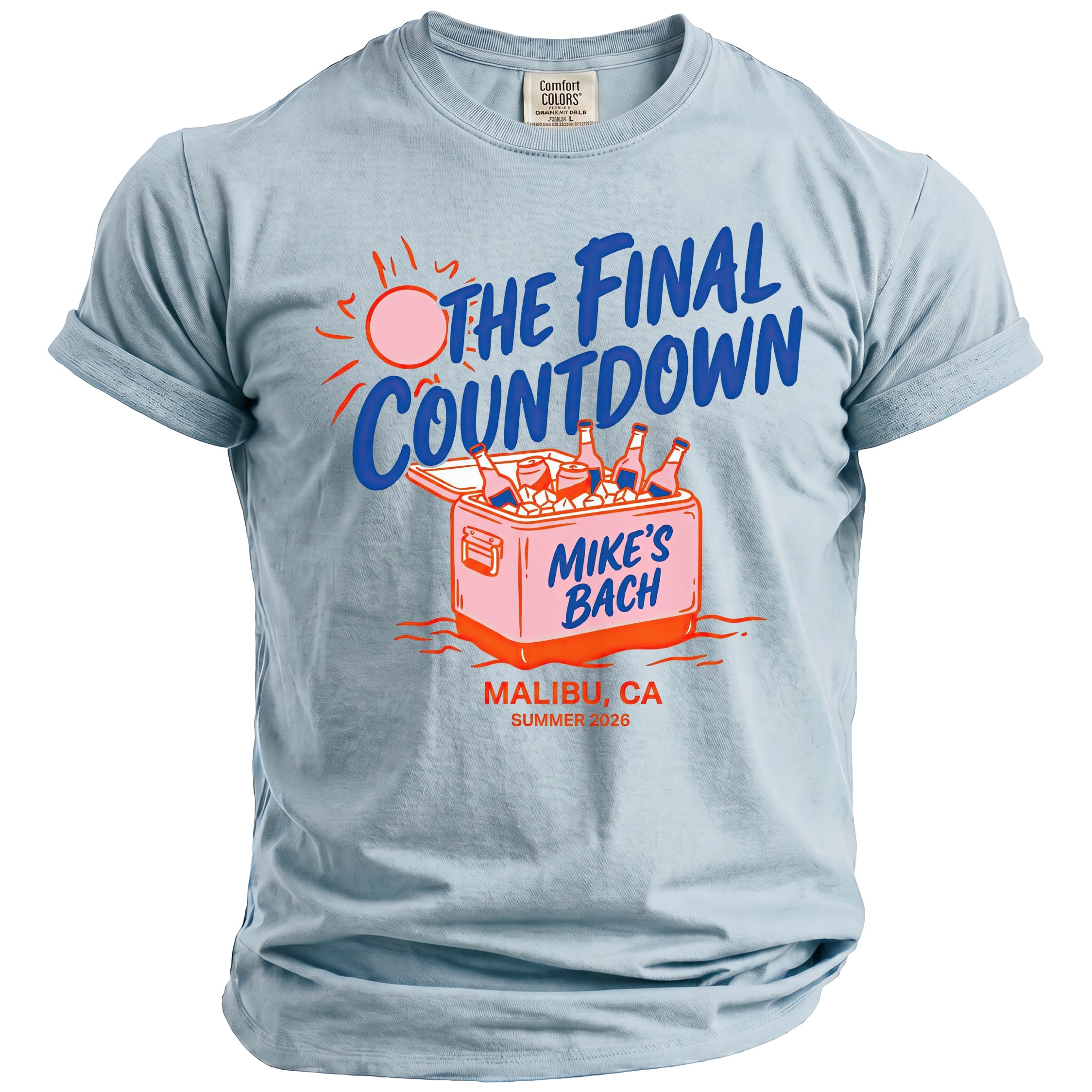 Light blue t-shirt with "The Final Countdown" and ice chest graphic.