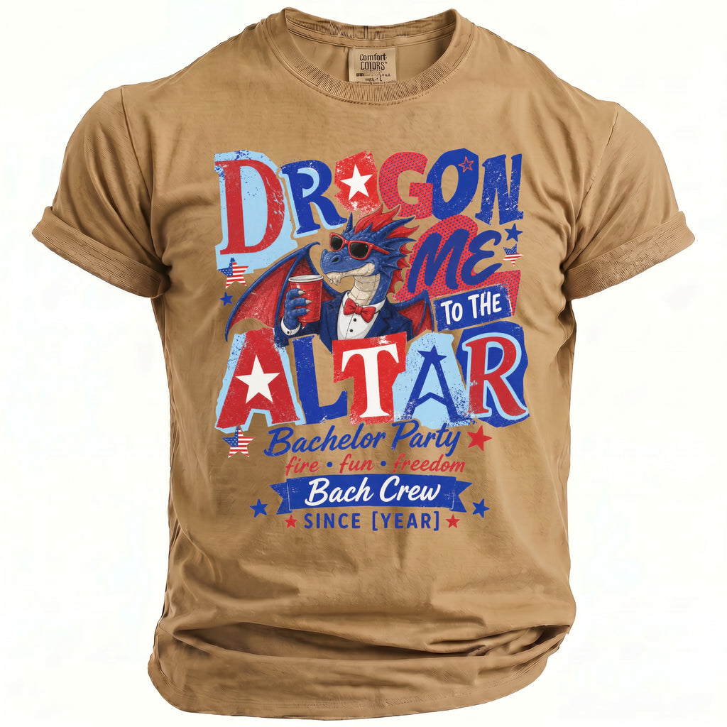 Tan t-shirt with "DRAGON ME TO THE ALTAR" and "Bach Crew" graphics.