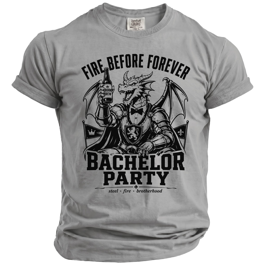 Grey t-shirt with a dragon holding beer, "Fire Before Forever Bachelor Party" text.