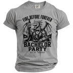 Grey t-shirt with a dragon holding beer, "Fire Before Forever Bachelor Party" text.
