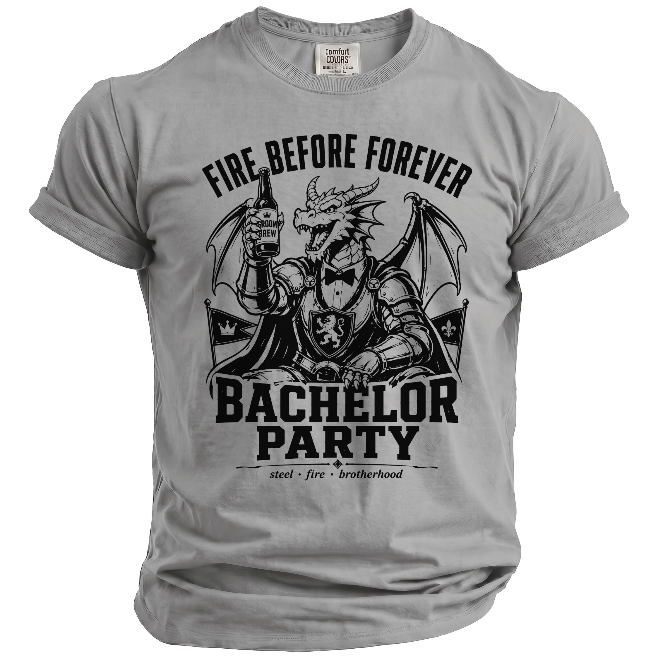 Grey t-shirt with a dragon holding beer, "Fire Before Forever Bachelor Party" text.